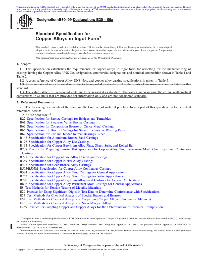 REDLINE ASTM B30-09a - Standard Specification for  Copper Alloys in Ingot Form