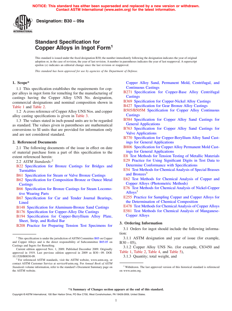 ASTM B30-09a - Standard Specification for  Copper Alloys in Ingot Form