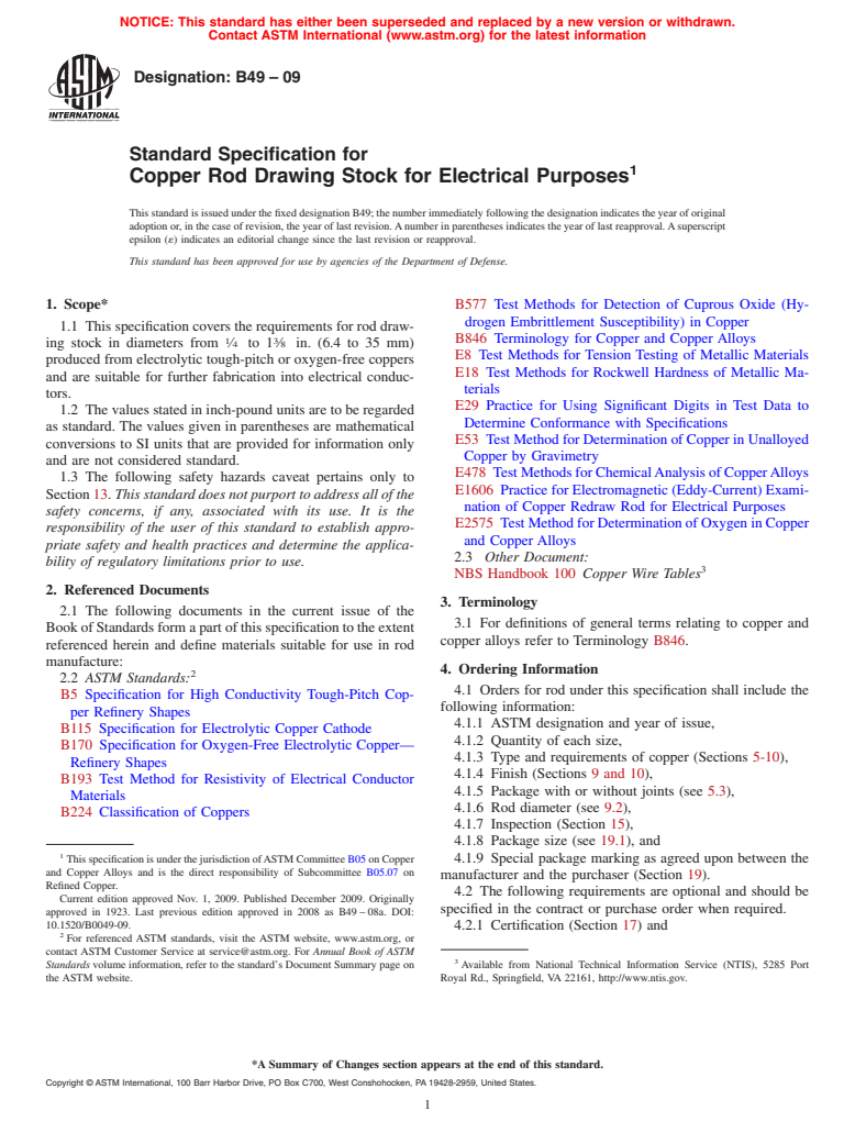 ASTM B49-09 - Standard Specification for  Copper Rod Drawing Stock for Electrical Purposes