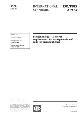 ISO 21973:2020 - Biotechnology -- General requirements for transportation of cells for therapeutic use