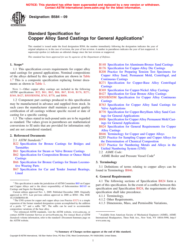 ASTM B584-09 - Standard Specification for  Copper Alloy Sand Castings for General Applications