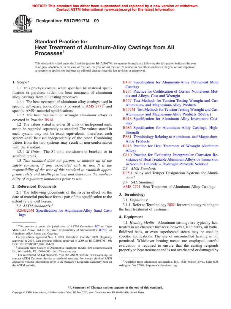 ASTM B917/B917M-09 - Standard Practice for Heat Treatment of Aluminum-Alloy Castings from All Processes