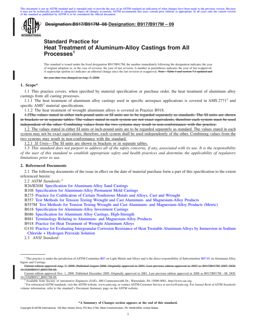 REDLINE ASTM B917/B917M-09 - Standard Practice for Heat Treatment of Aluminum-Alloy Castings from All Processes