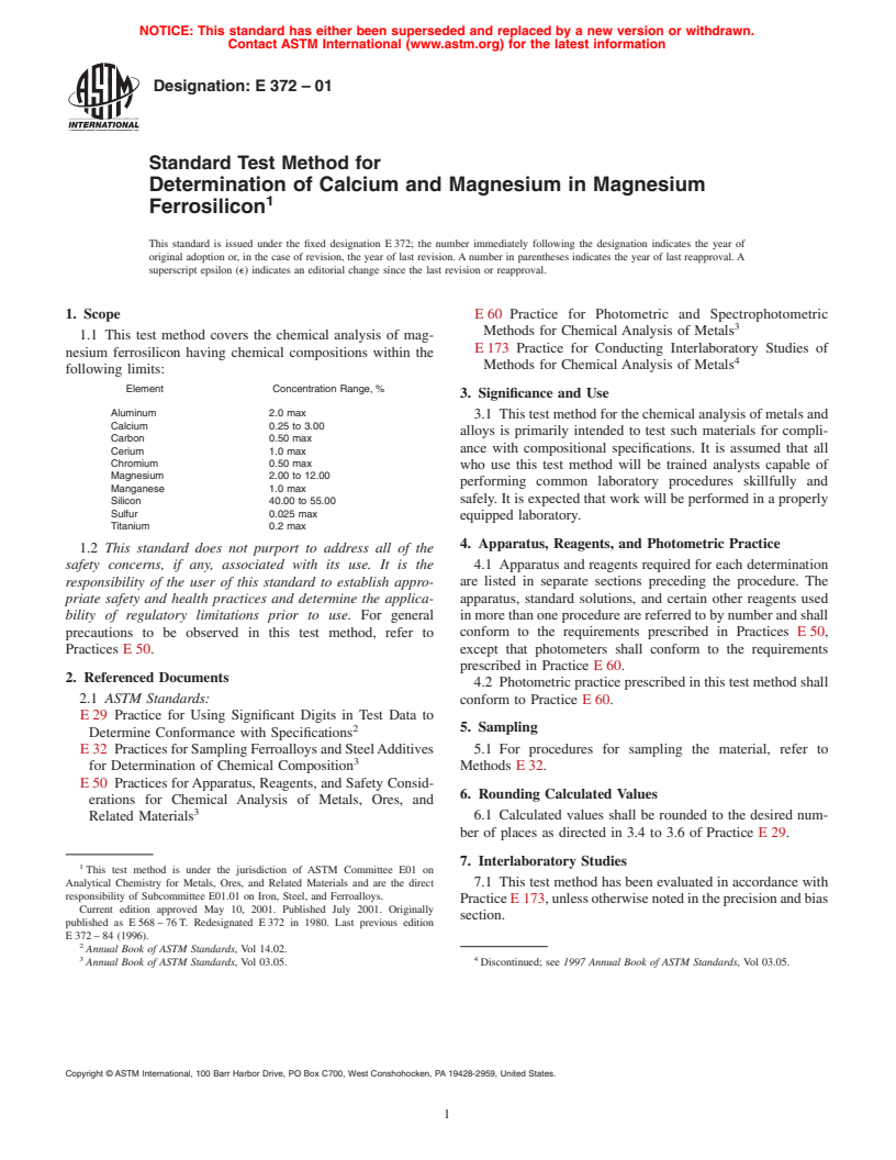 ASTM E372-01 - Standard Test Method Determination of Calcium and Magnesium Ferrosilicon