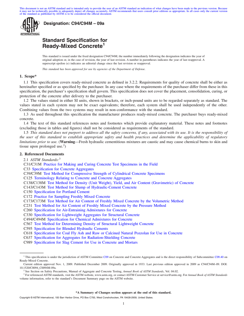 REDLINE ASTM C94/C94M-09a - Standard Specification for Ready-Mixed Concrete