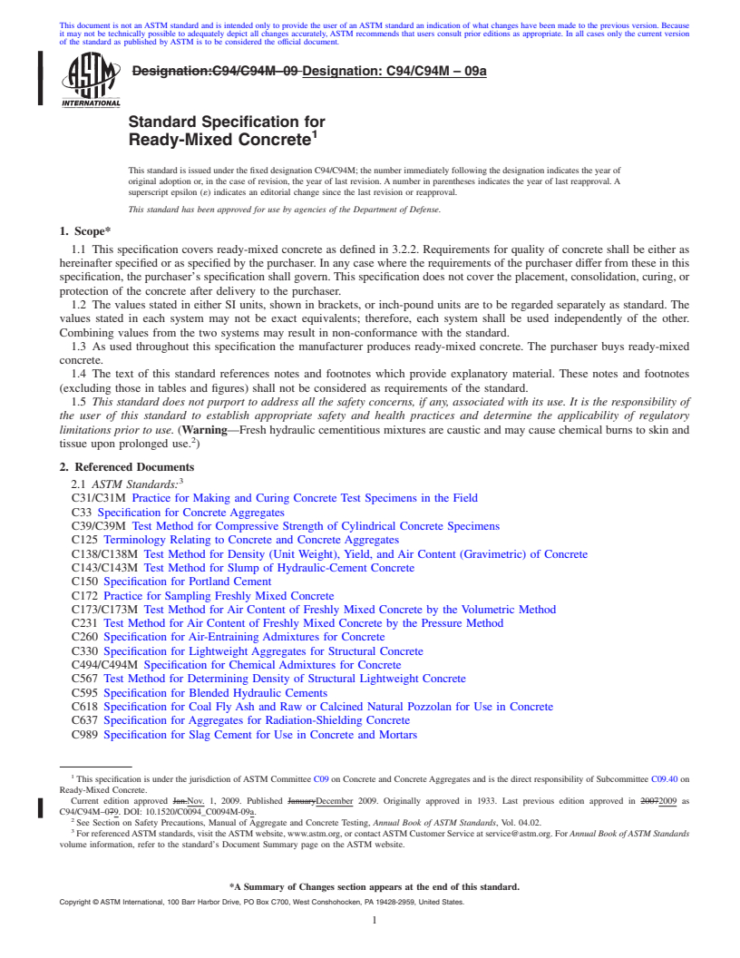 REDLINE ASTM C94/C94M-09a - Standard Specification for Ready-Mixed Concrete