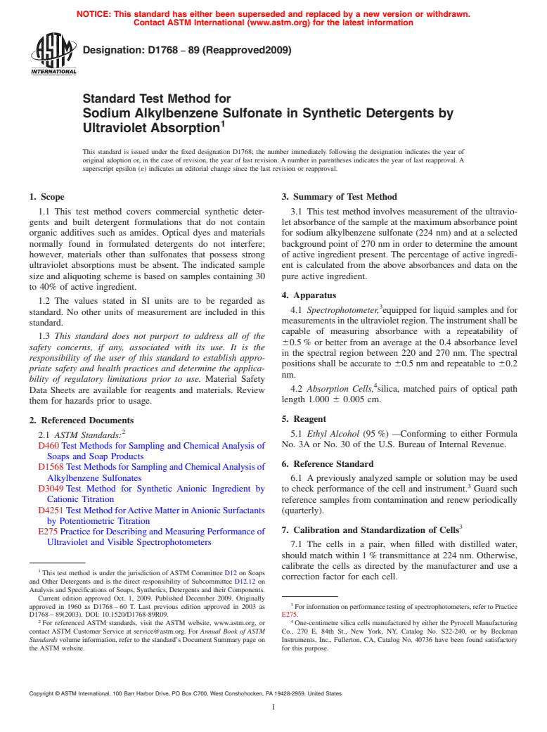 ASTM D1768-89(2009) - Standard Test Method for Sodium Alkylbenzene Sulfonate in Synthetic Detergents by Ultraviolet Absorption