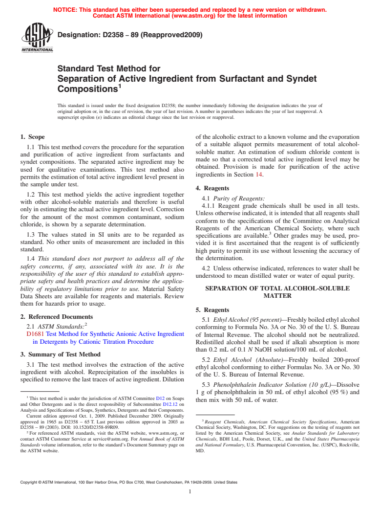 ASTM D2358-89(2009) - Standard Test Method for Separation of Active Ingredient from Surfactant and Syndet Compositions