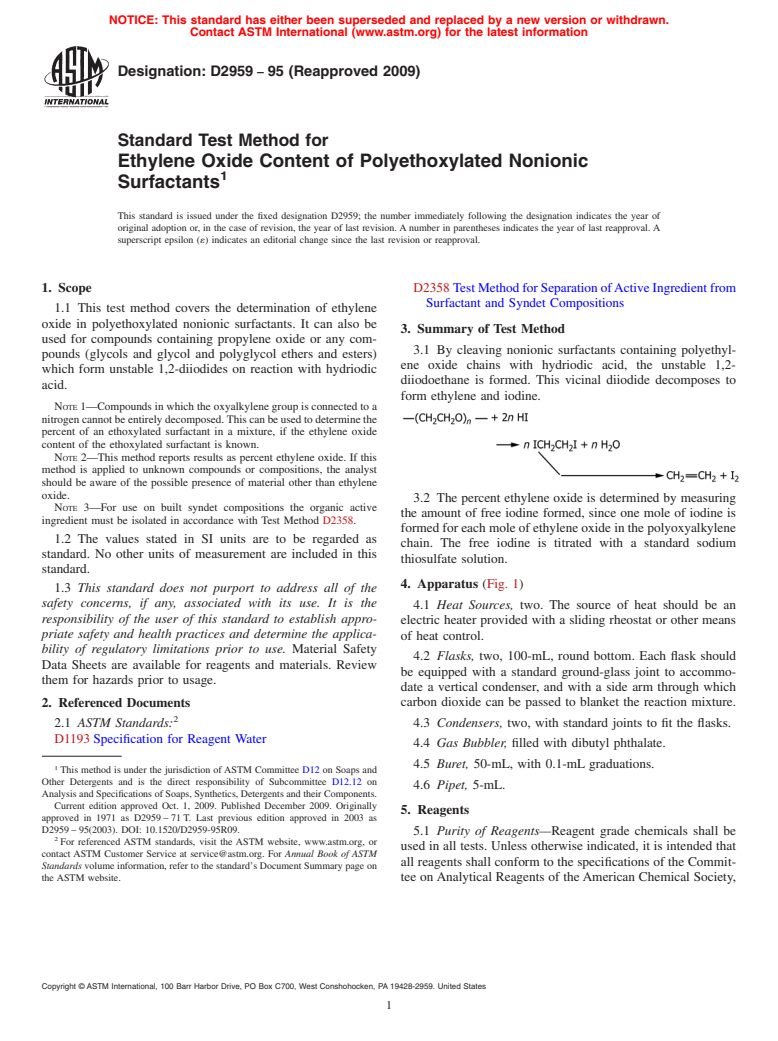 ASTM D2959-95(2009) - Standard Test Method for Ethylene Oxide Content of Polyethoxylated Nonionic Surfactants