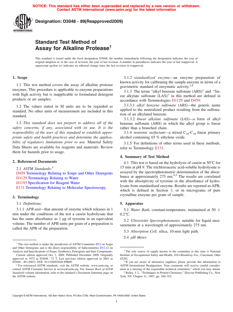 ASTM D3048-89(2009) - Standard Test Method of Assay for Alkaline Protease