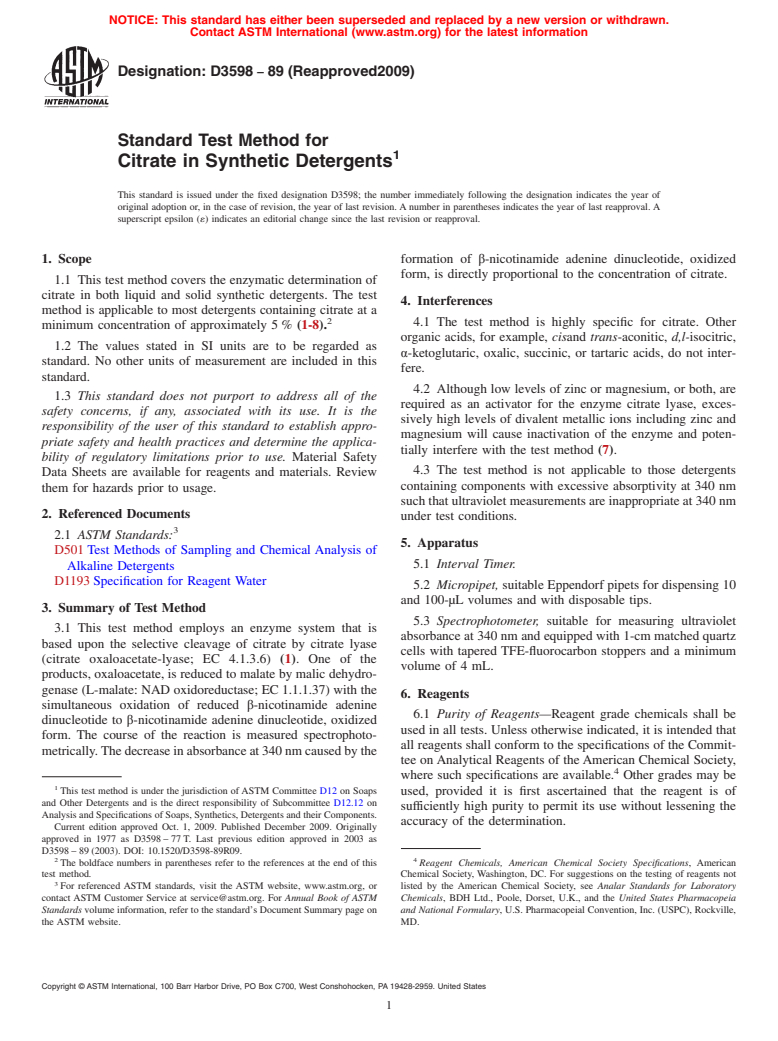 ASTM D3598-89(2009) - Standard Test Method for Citrate in Synthetic Detergents