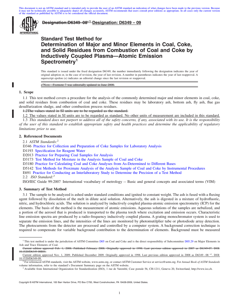 REDLINE ASTM D6349-09 - Standard Test Method for Determination of Major and Minor Elements in Coal, Coke, and Solid  Residues from Combustion of Coal and Coke by Inductively Coupled Plasma<span class='unicode'>&#x2014;</span>Atomic   Emission Spectrometry