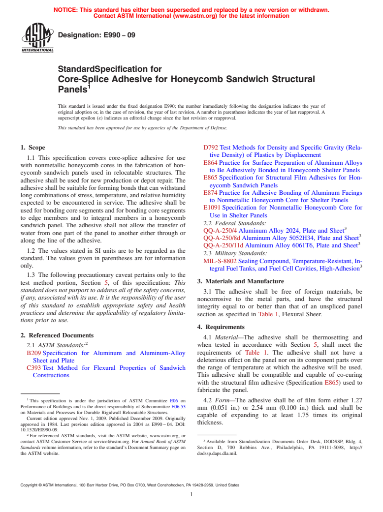 ASTM E990-09 - Standard Specification for Core-Splice Adhesive for Honeycomb Sandwich Shelter Panels