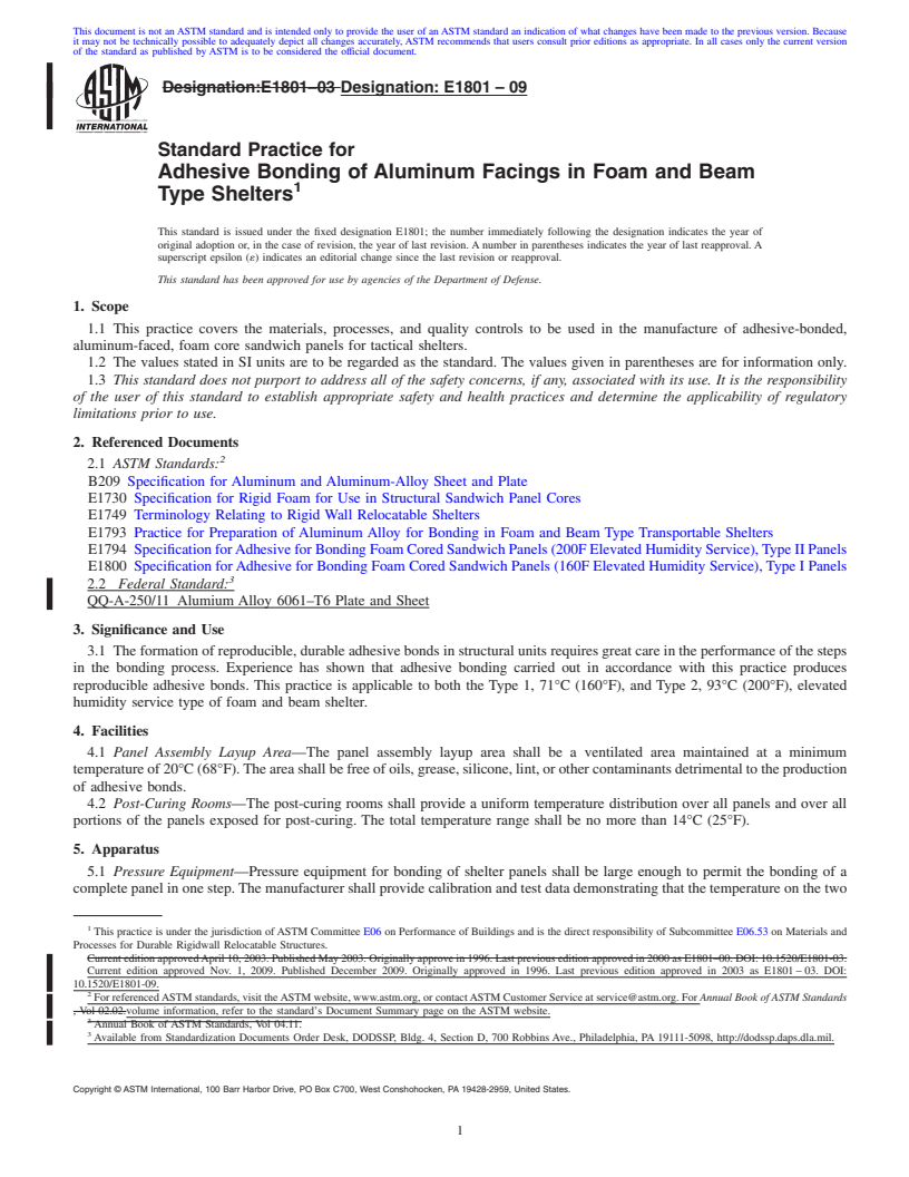 REDLINE ASTM E1801-09 - Standard Practice for Adhesive Bonding of Aluminum Facings in Foam and Beam Type Shelters