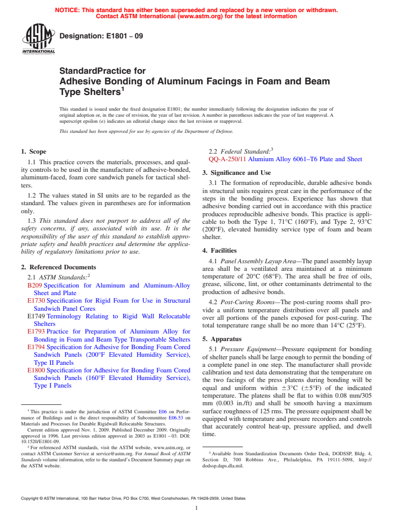 ASTM E1801-09 - Standard Practice for Adhesive Bonding of Aluminum Facings in Foam and Beam Type Shelters