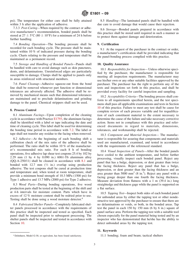 ASTM E1801-09 - Standard Practice for Adhesive Bonding of Aluminum Facings in Foam and Beam Type Shelters