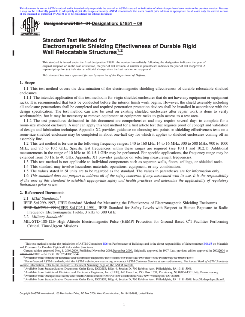 REDLINE ASTM E1851-09 - Standard Test Method for Electromagnetic Shielding Effectiveness of Durable Rigid Wall Relocatable Structures