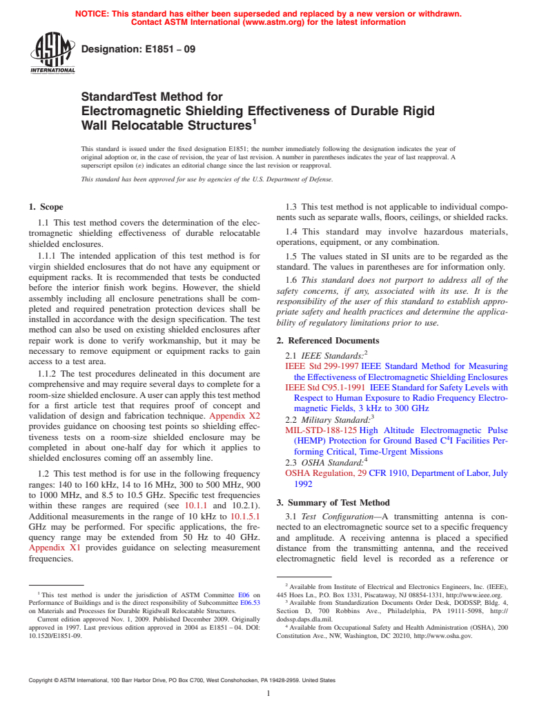 ASTM E1851-09 - Standard Test Method for Electromagnetic Shielding Effectiveness of Durable Rigid Wall Relocatable Structures