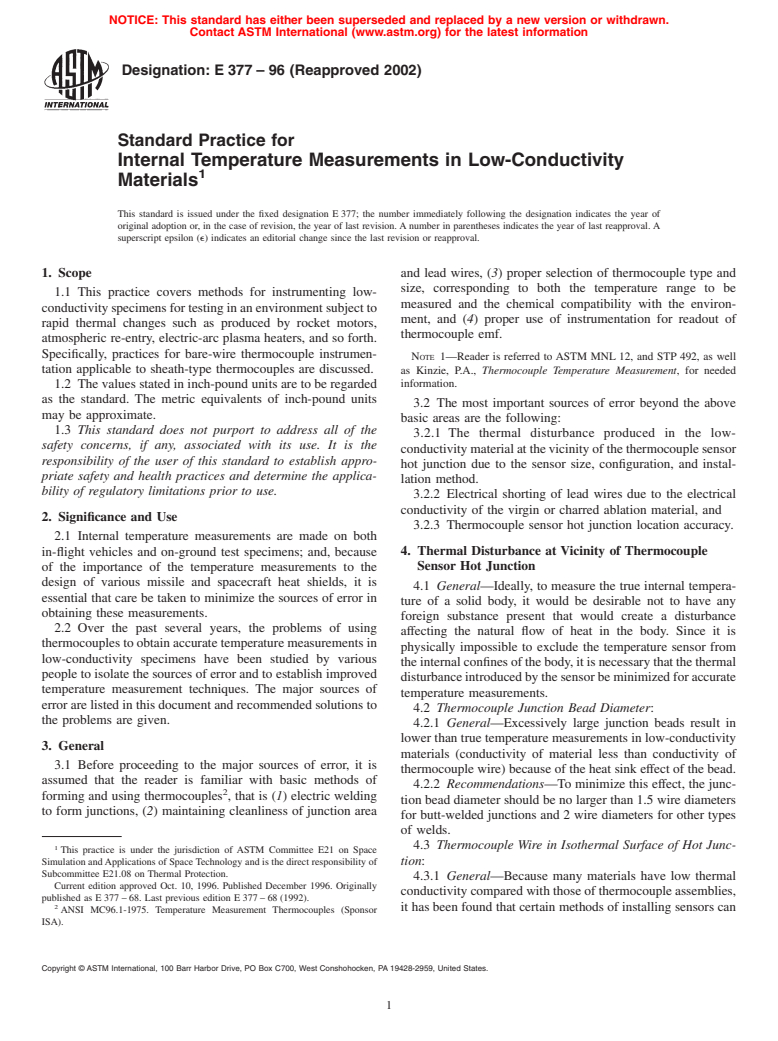 ASTM E377-96(2002) - Standard Practice for Internal Temperature Measurements in Low-Conductivity Materials