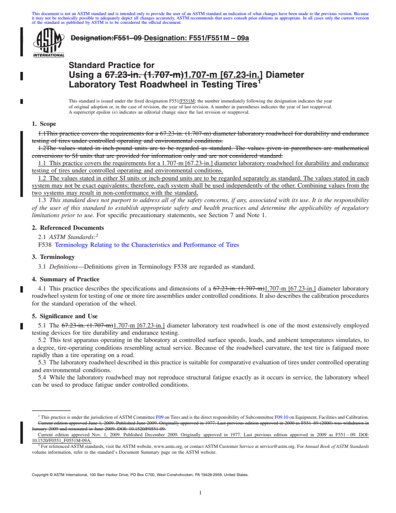 REDLINE ASTM F551/F551M-09a - Standard Practice for  Using a 1.707-m [67.23-in.] Diameter Laboratory Test Roadwheel in Testing Tires