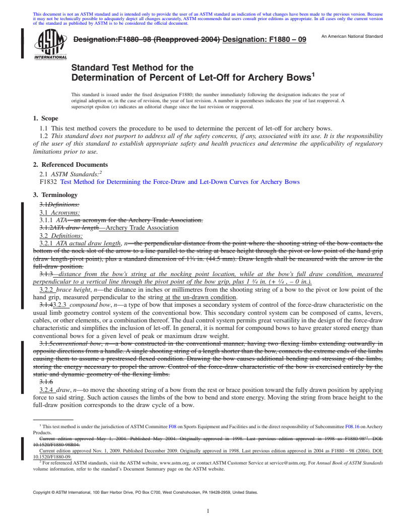 REDLINE ASTM F1880-09 - Standard Test Method for the Determination of Percent of Let-Off for Archery Bows