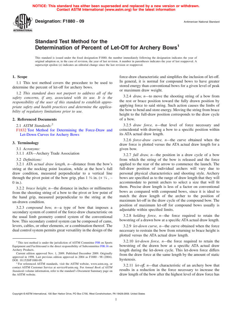 ASTM F1880-09 - Standard Test Method for the Determination of Percent of Let-Off for Archery Bows