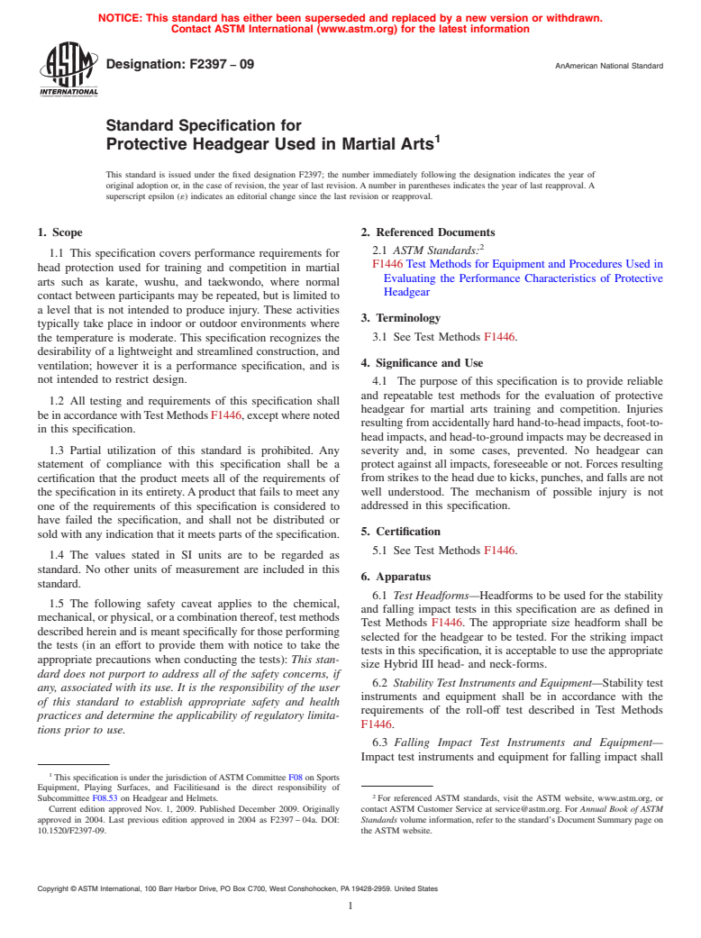 ASTM F2397-09 - Standard Specification for Protective Headgear Used in Martial Arts