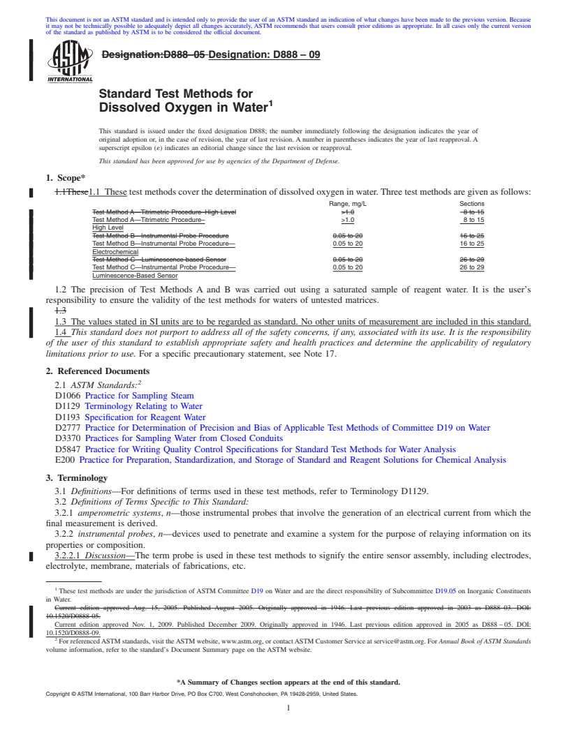 REDLINE ASTM D888-09 - Standard Test Methods for Dissolved Oxygen in Water