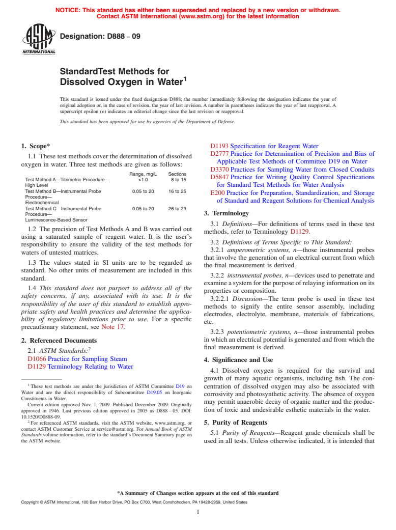 ASTM D888-09 - Standard Test Methods for Dissolved Oxygen in Water