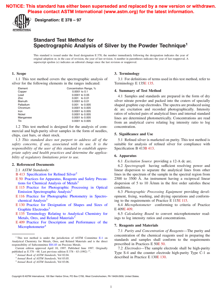 ASTM E378-97 - Standard Test Method for Spectrographic Analysis of Silver by the Powder Technique (Withdrawn 2004)