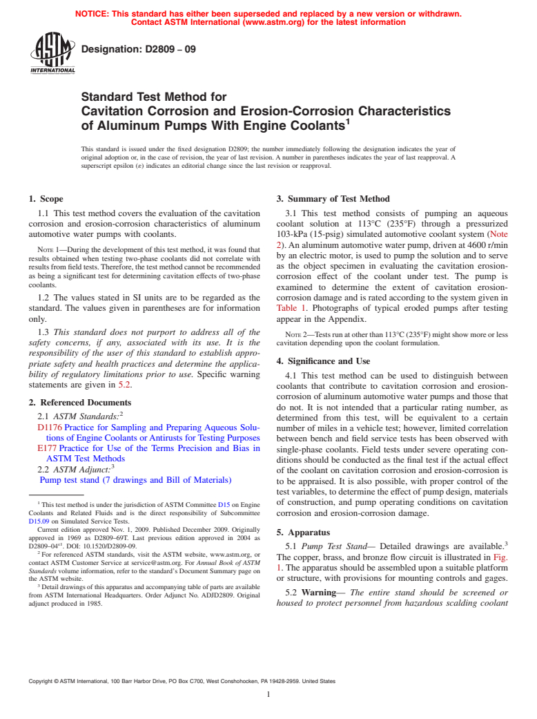 ASTM D2809-09 - Standard Test Method for Cavitation Corrosion and Erosion-Corrosion Characteristics of Aluminum Pumps With Engine Coolants