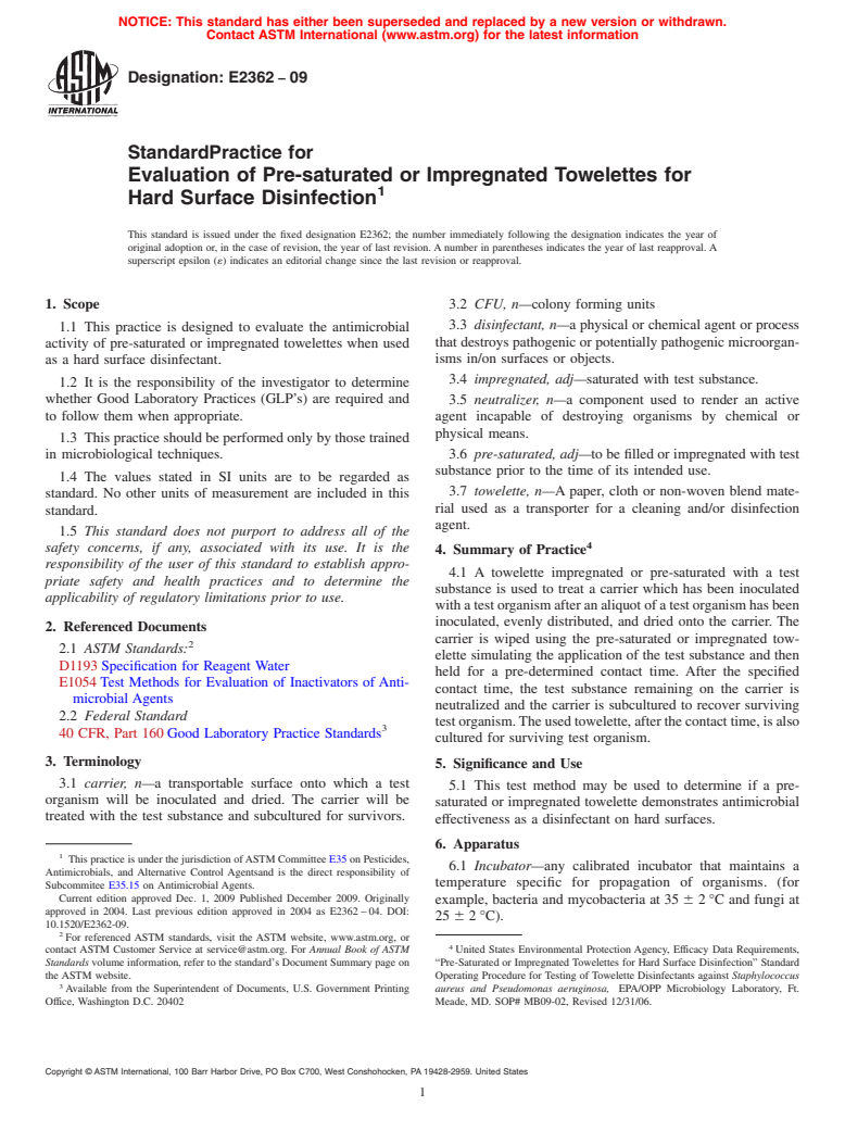ASTM E2362-09 - Standard Practice for Evaluation of Pre-saturated or Impregnated Towelettes for Hard Surface Disinfection