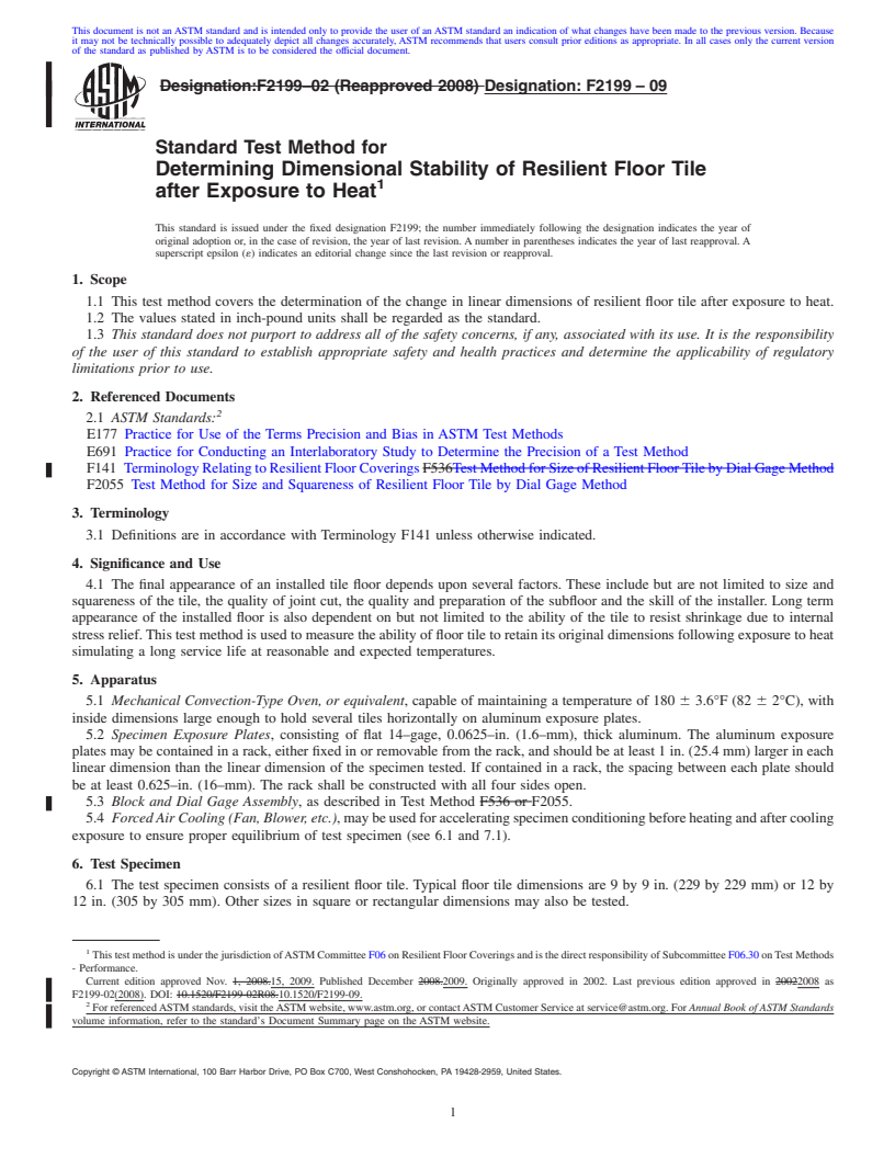 REDLINE ASTM F2199-09 - Standard Test Method for Determining Dimensional Stability of Resilient Floor Tile after Exposure to Heat
