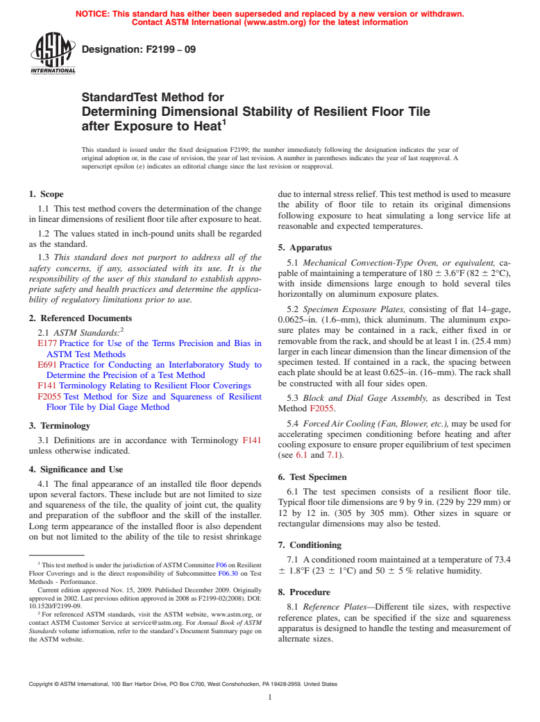 ASTM F2199-09 - Standard Test Method for Determining Dimensional Stability of Resilient Floor Tile after Exposure to Heat