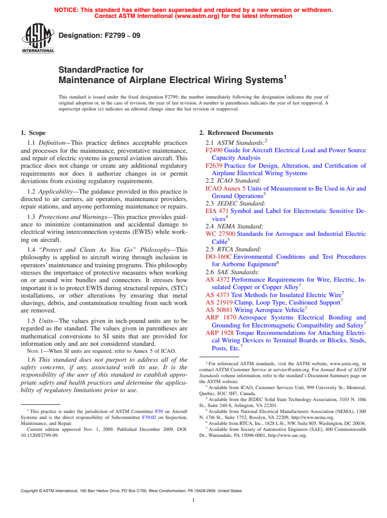 ASTM F2799-09 - Standard Practice for Maintenance of Airplane Electrical Wiring Systems