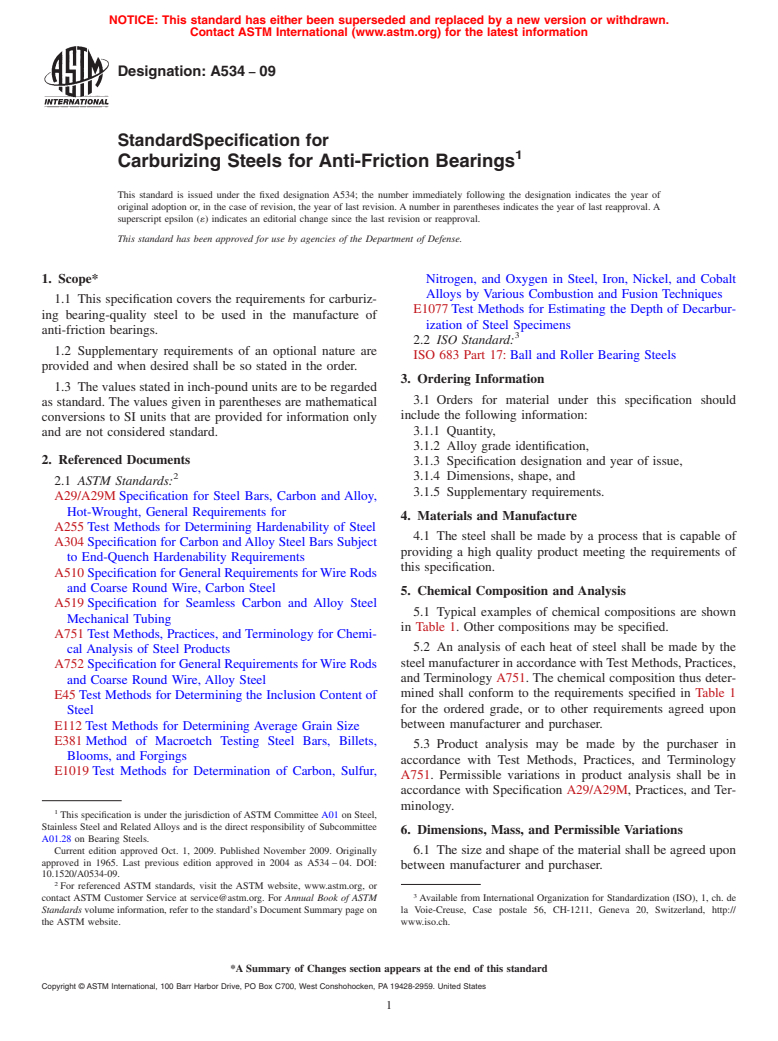 ASTM A534-09 - Standard Specification for Carburizing Steels for Anti-Friction Bearings