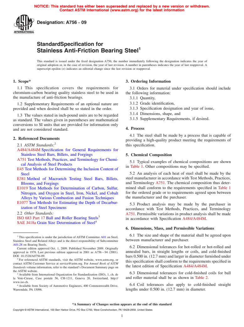 ASTM A756-09 - Standard Specification for Stainless Anti-Friction Bearing Steel