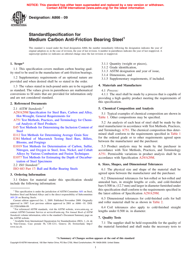 ASTM A866-09 - Standard Specification for Medium Carbon Anti-Friction Bearing Steel