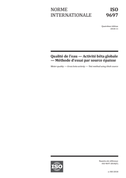 ISO 9697:2018 - Qualité de l'eau — Activité bêta globale — Méthode d'essai par source épaisse
Released:2. 11. 2018 - Page 1 preview