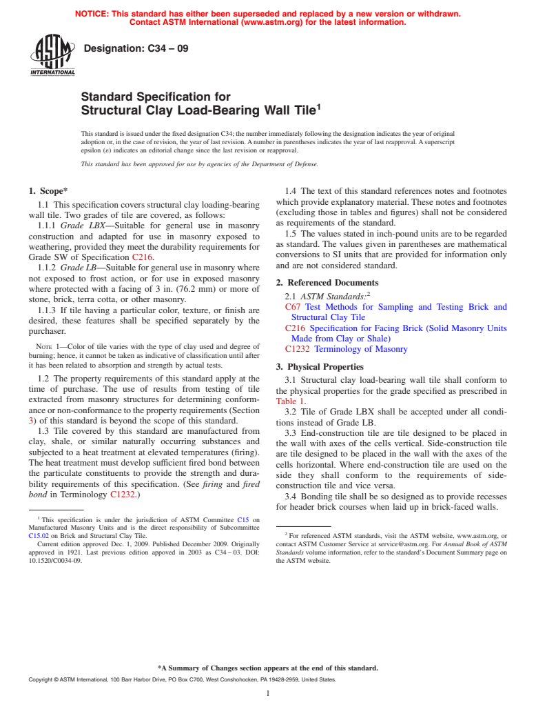 ASTM C34-09 - Standard Specification for Structural Clay Load-Bearing Wall Tile