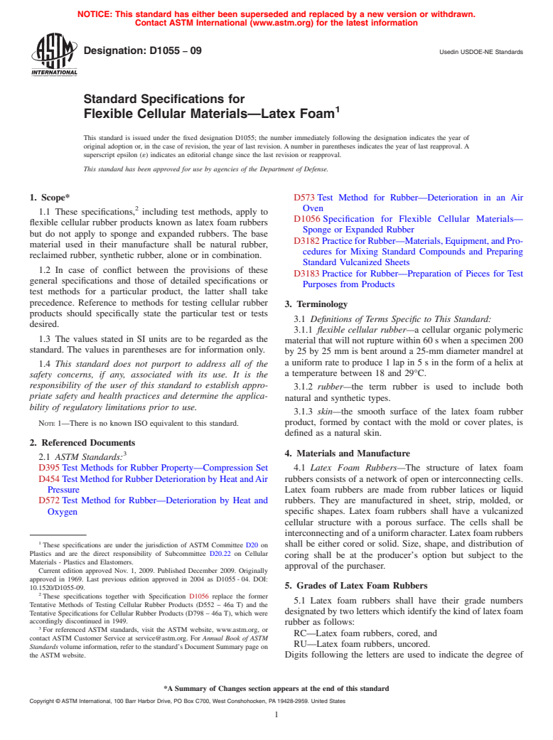 ASTM D1055-09 - Standard Specifications for Flexible Cellular Materials-Latex Foam (Withdrawn 2014)