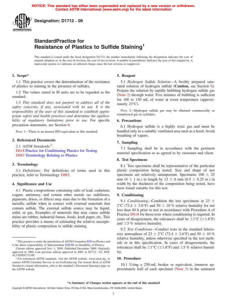 ASTM D1712-09 - Standard Practice for Resistance of Plastics to Sulfide Staining