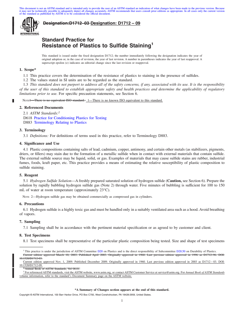 REDLINE ASTM D1712-09 - Standard Practice for Resistance of Plastics to Sulfide Staining