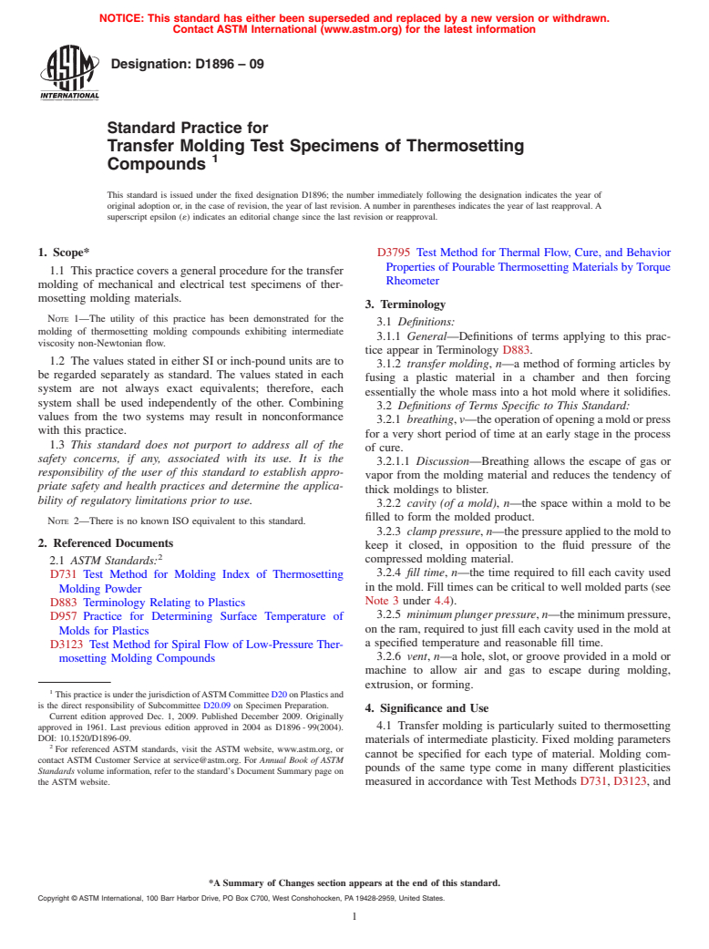 ASTM D1896-09 - Standard Practice for Transfer Molding Test Specimens of Thermosetting Compounds