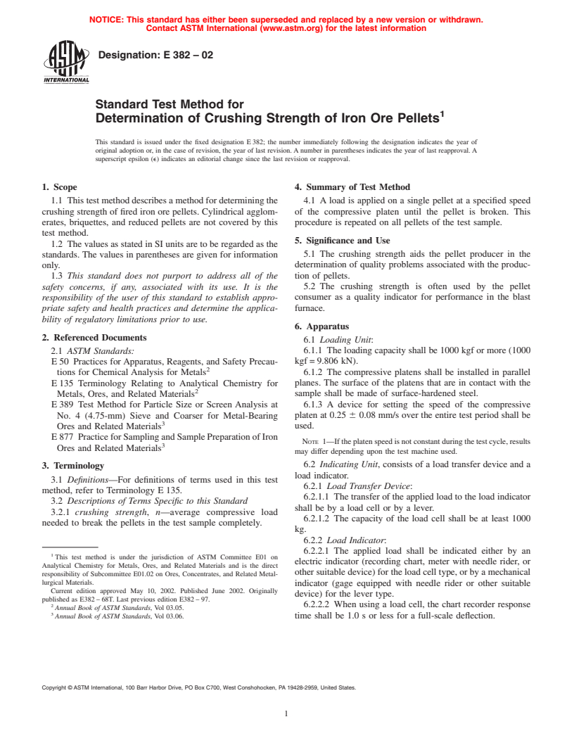 ASTM E382-02 - Standard Test Method for Determination of Crushing Strength of Iron Ore Pellets