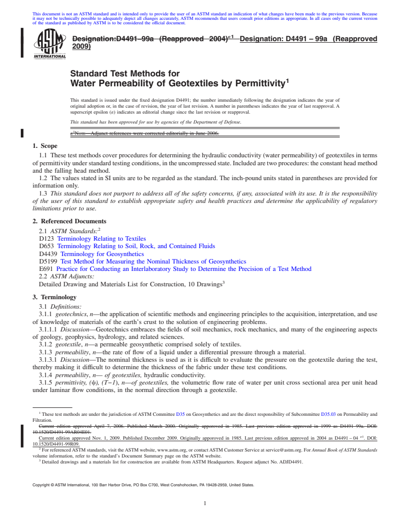 REDLINE ASTM D4491-99a(2009) - Standard Test Methods for Water Permeability of Geotextiles by Permittivity