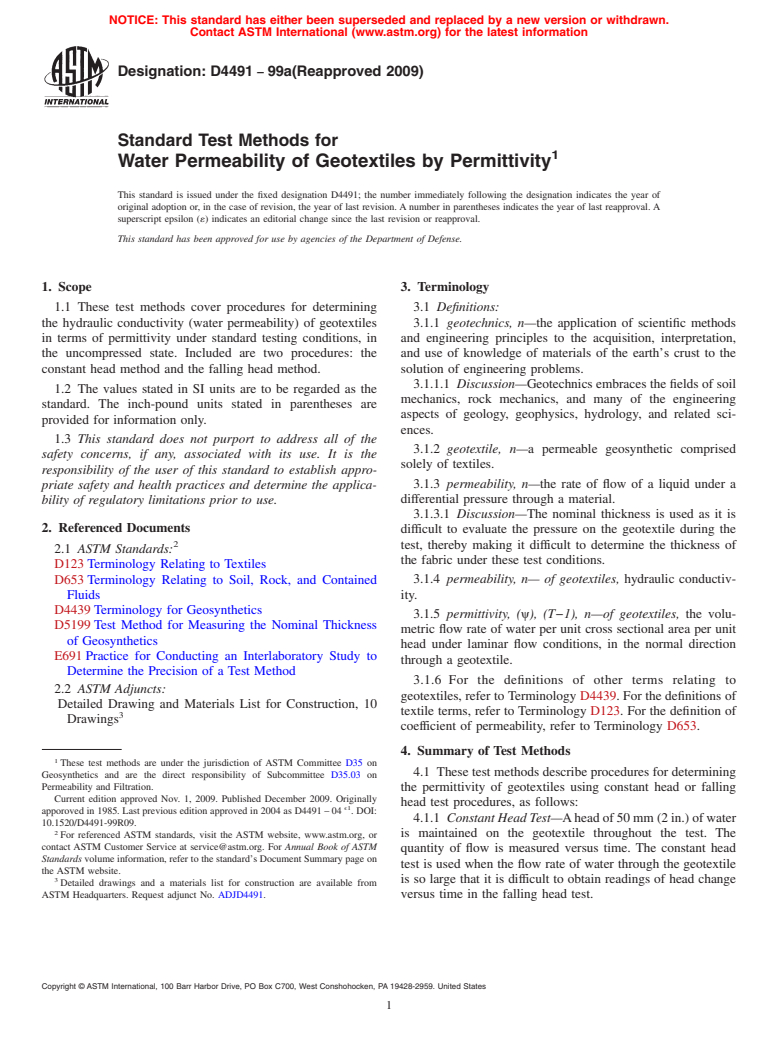 ASTM D4491-99a(2009) - Standard Test Methods for Water Permeability of Geotextiles by Permittivity