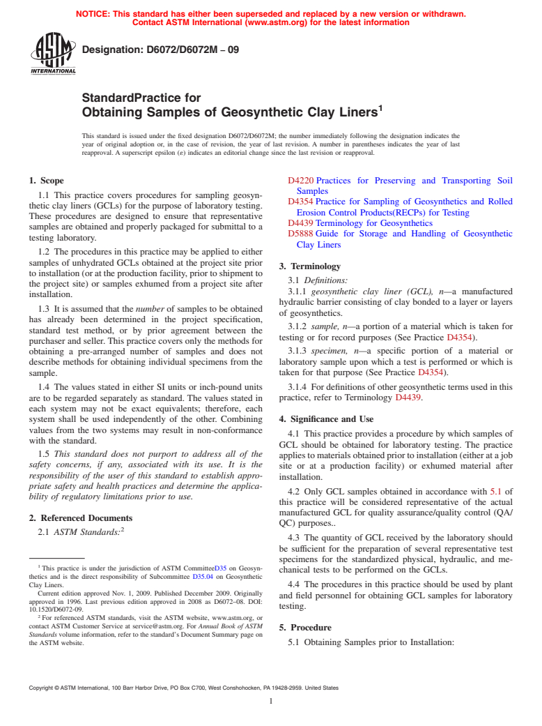 ASTM D6072/D6072M-09 - Standard Practice for Obtaining Samples of Geosynthetic Clay Liners