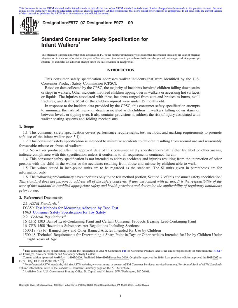 REDLINE ASTM F977-09 - Standard Consumer Safety Specification for Infant Walkers