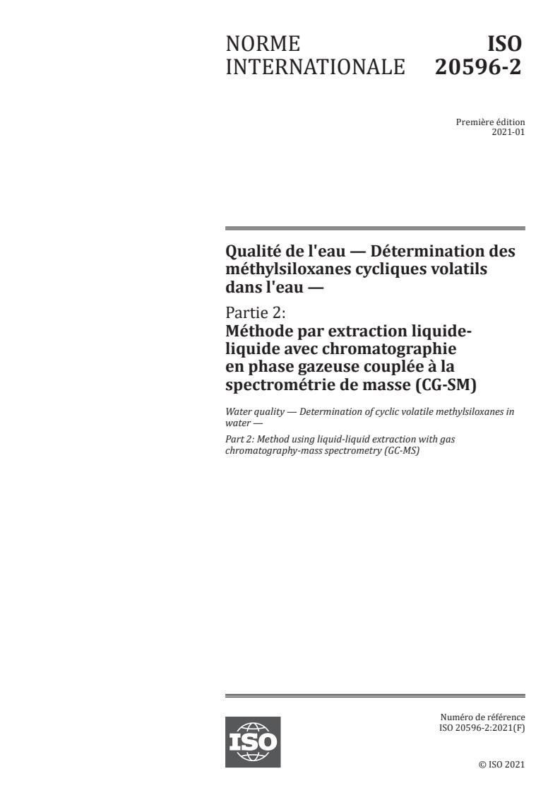 ISO 20596-2:2021 - Water quality — Determination of cyclic volatile methylsiloxanes in water — Part 2: Method using liquid-liquid extraction with gas chromatography-mass spectrometry (GC-MS)
Released:6. 10. 2022